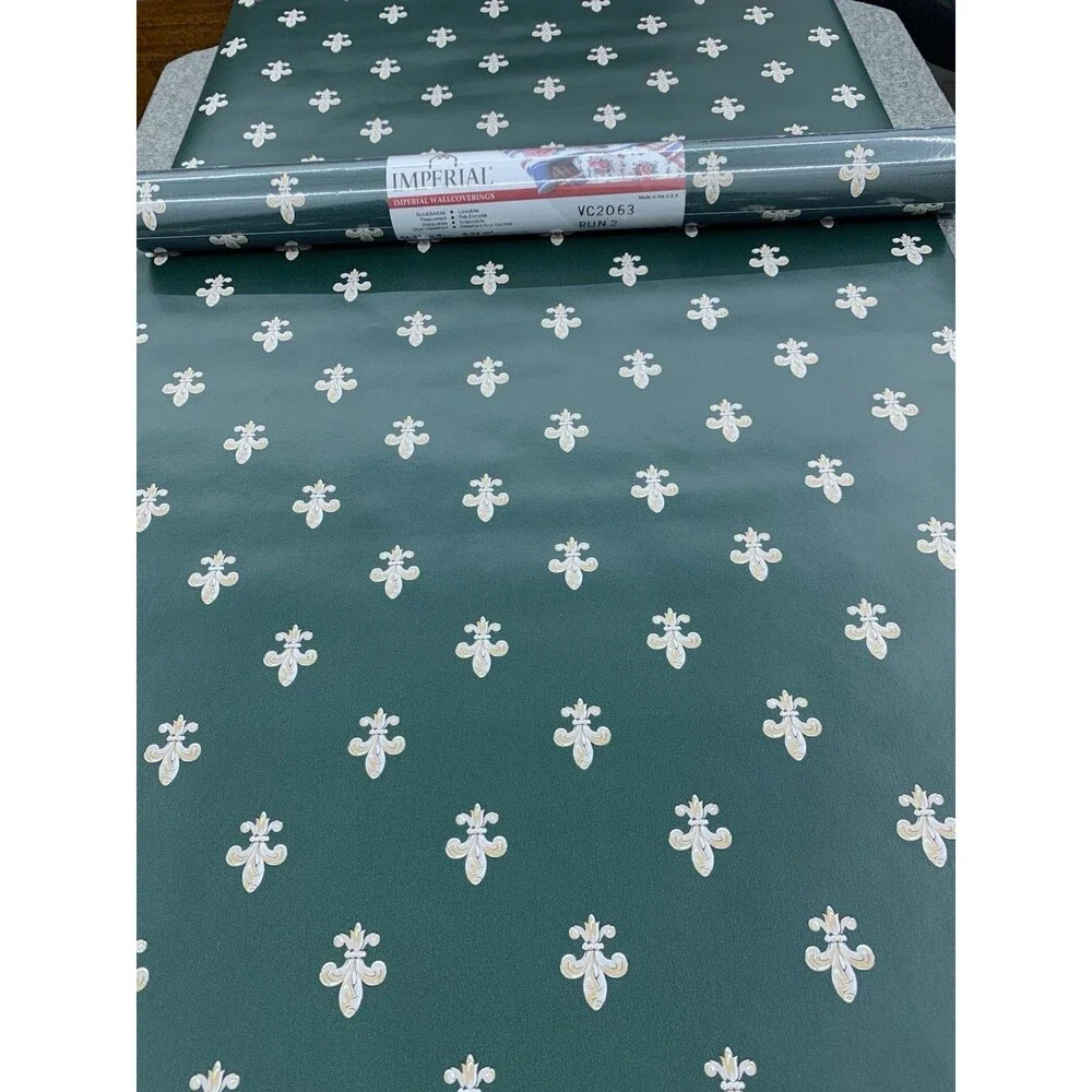 Imperial Fleur-De-lis Wallpaper Gold On Dark Green Background 20.5 X 11yds
